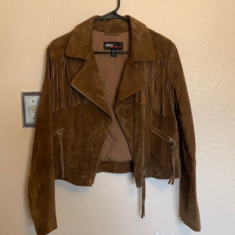 Zip up leather jacket with pockets and fringe - size medium